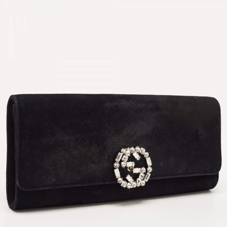 Pre Owned Gucci Black Suede GG Crystal Broadway Clutch