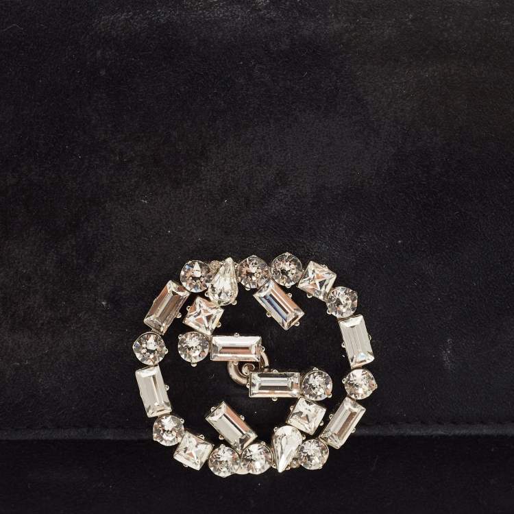 Pre Owned Gucci Black Suede GG Crystal Broadway Clutch
