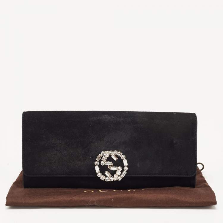 Pre Owned Gucci Black Suede GG Crystal Broadway Clutch