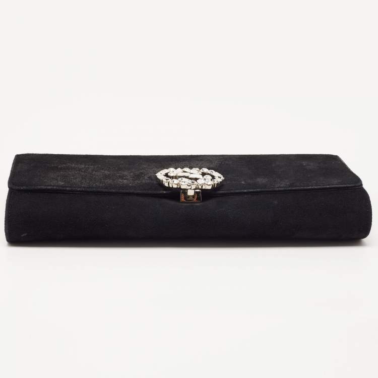 Pre Owned Gucci Black Suede GG Crystal Broadway Clutch