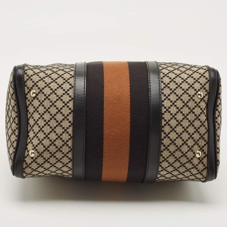 Pre Owned Gucci Black/Beige Diamante Canvas Medium Vintage Web Boston Bag