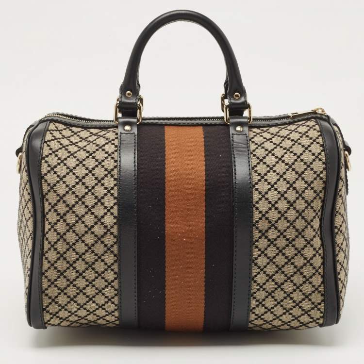 Pre Owned Gucci Black/Beige Diamante Canvas Medium Vintage Web Boston Bag