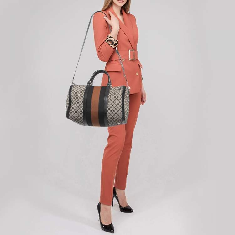 Pre Owned Gucci Black/Beige Diamante Canvas Medium Vintage Web Boston Bag