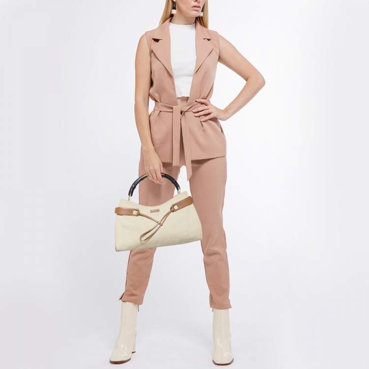 Pre Owned Gucci Cream/Brown Canvas and Leather Bamboo Top Handle Bag