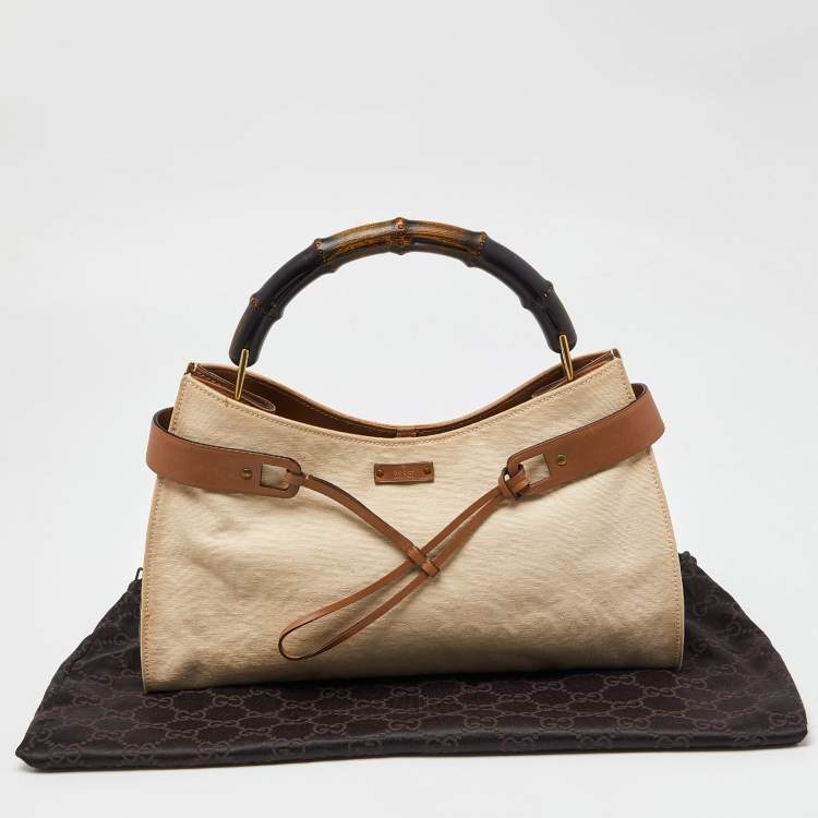 Pre Owned Gucci Cream/Brown Canvas and Leather Bamboo Top Handle Bag