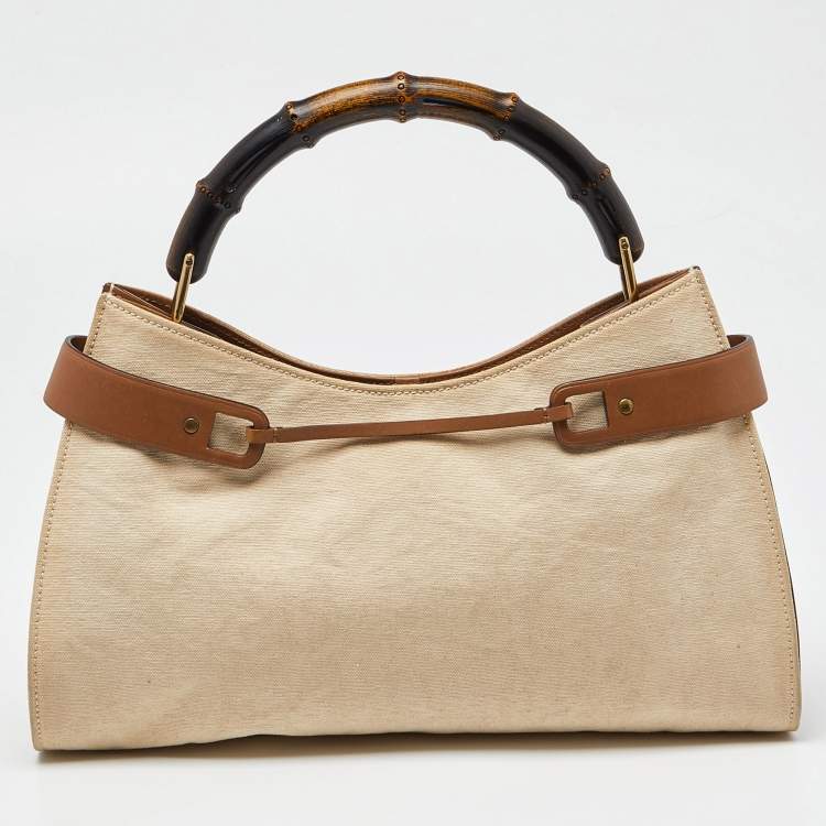 Pre Owned Gucci Cream/Brown Canvas and Leather Bamboo Top Handle Bag