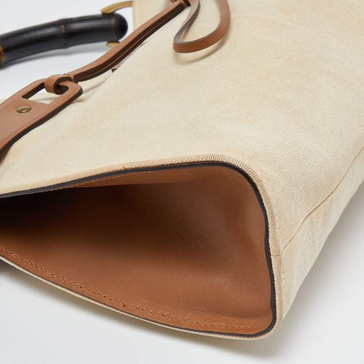 Pre Owned Gucci Cream/Brown Canvas and Leather Bamboo Top Handle Bag