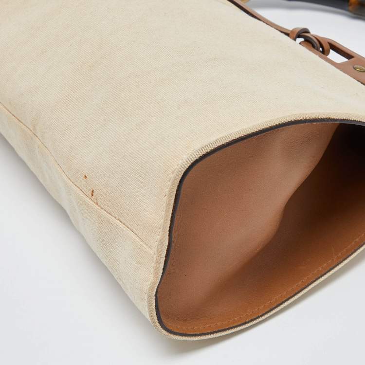 Pre Owned Gucci Cream/Brown Canvas and Leather Bamboo Top Handle Bag