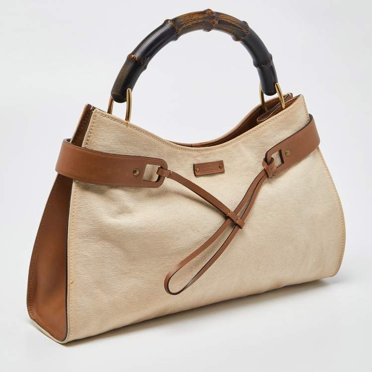 Pre Owned Gucci Cream/Brown Canvas and Leather Bamboo Top Handle Bag