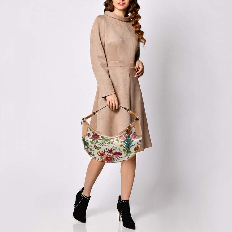 مملوكة مسبقًا Gucci Multicolor Botanical Floral Canvas and Leather Bamboo Ring Hobo
