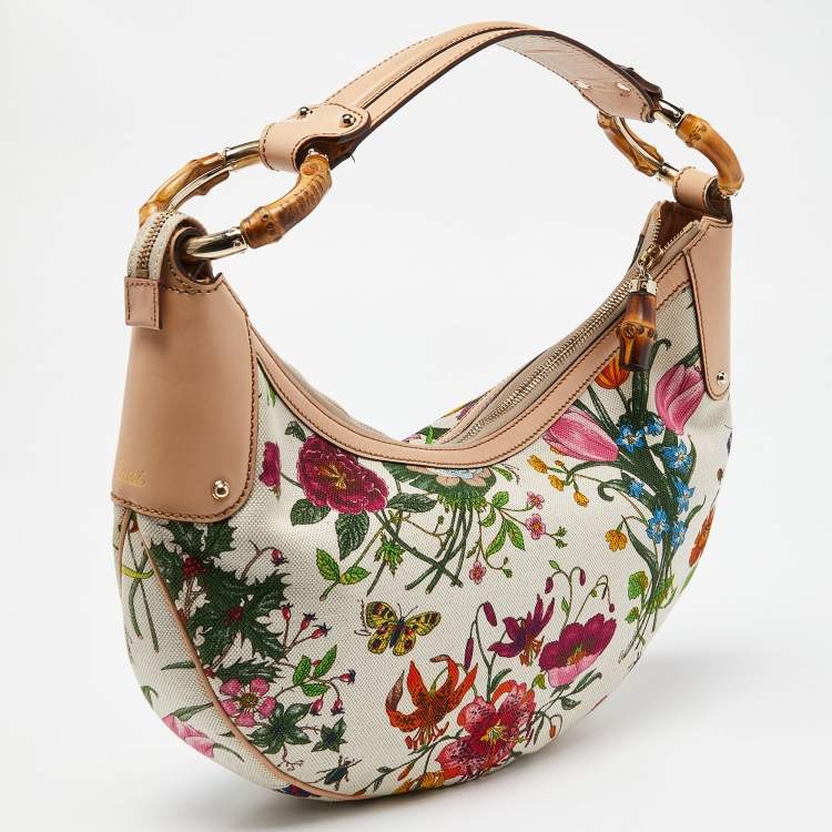 مملوكة مسبقًا Gucci Multicolor Botanical Floral Canvas and Leather Bamboo Ring Hobo