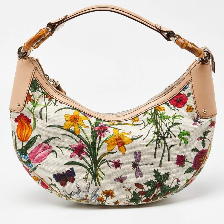 مملوكة مسبقًا Gucci Multicolor Botanical Floral Canvas and Leather Bamboo Ring Hobo