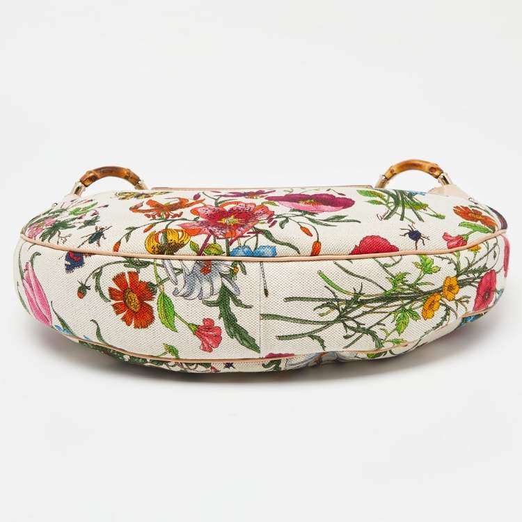مملوكة مسبقًا Gucci Multicolor Botanical Floral Canvas and Leather Bamboo Ring Hobo