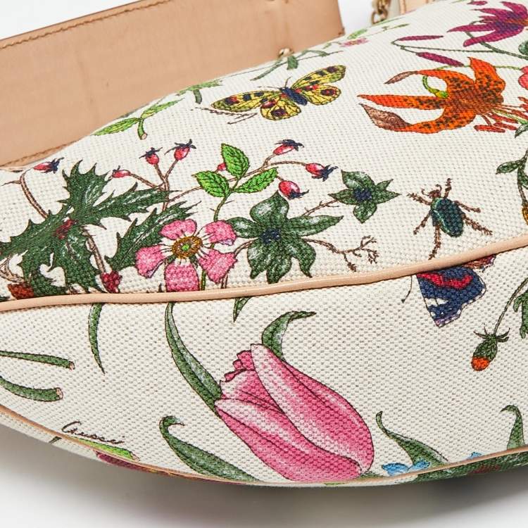 مملوكة مسبقًا Gucci Multicolor Botanical Floral Canvas and Leather Bamboo Ring Hobo