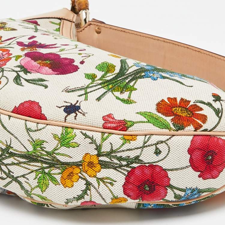 مملوكة مسبقًا Gucci Multicolor Botanical Floral Canvas and Leather Bamboo Ring Hobo