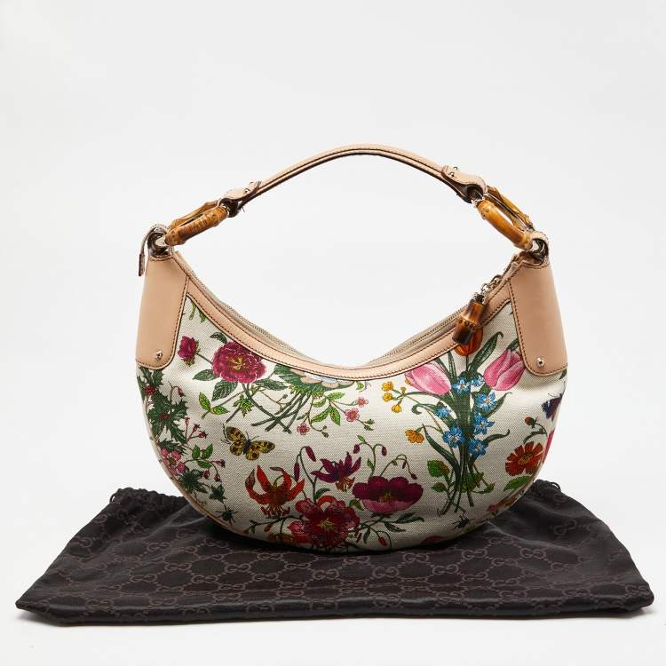 مملوكة مسبقًا Gucci Multicolor Botanical Floral Canvas and Leather Bamboo Ring Hobo