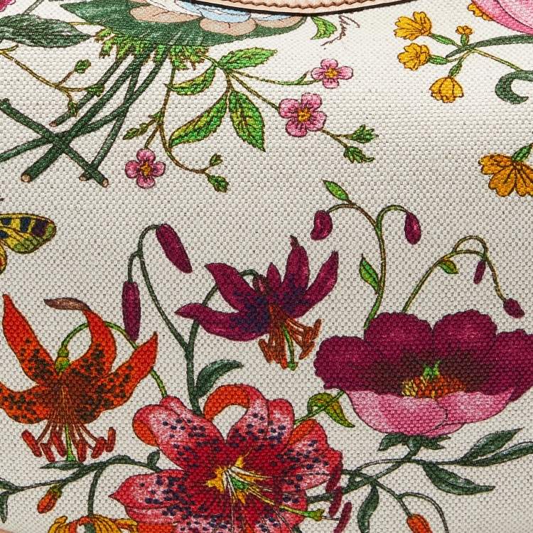 مملوكة مسبقًا Gucci Multicolor Botanical Floral Canvas and Leather Bamboo Ring Hobo