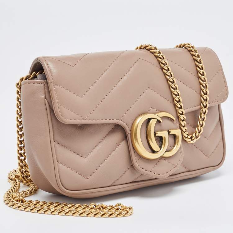 Pre Owned Gucci Beige Matelassé Leather Super Mini GG Marmont Shoulder Bag