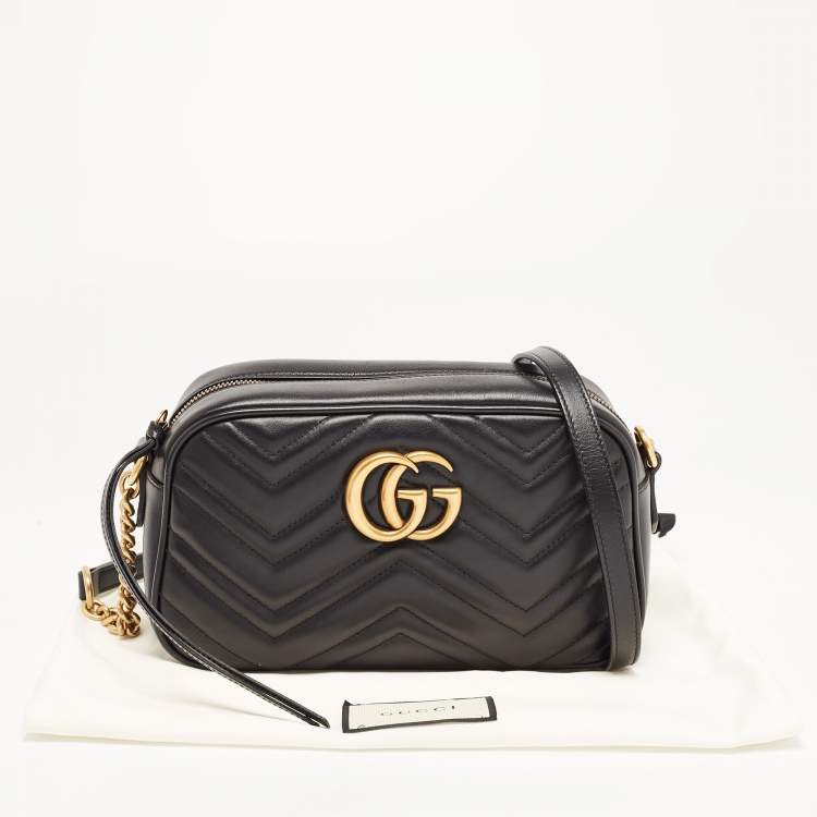 Pre Owned Gucci Black Matelassé Leather Small GG Marmont Camera Bag