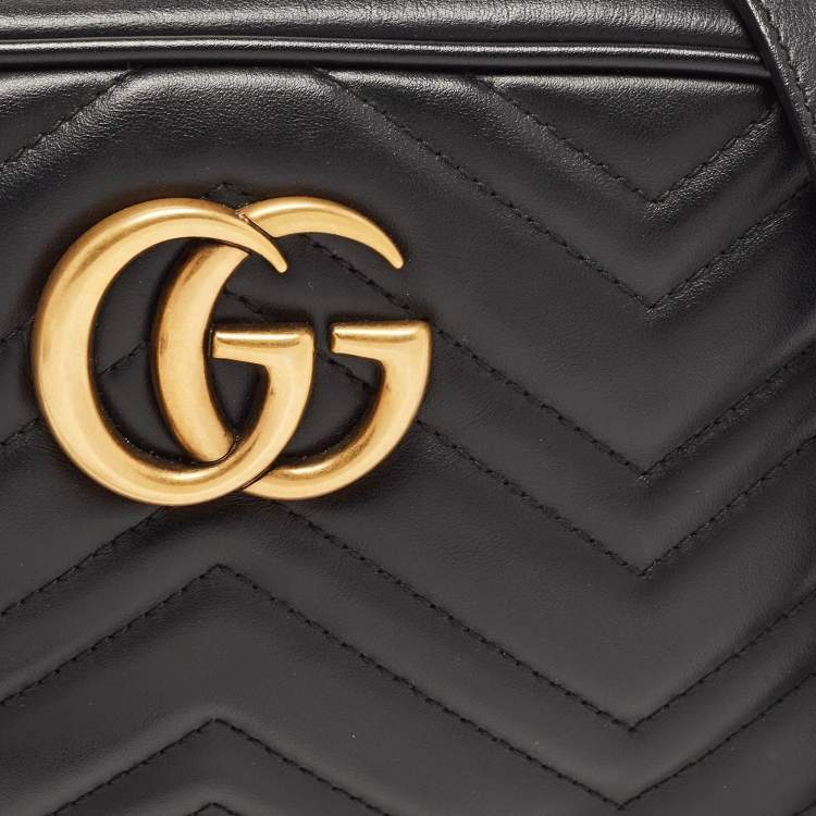 Pre Owned Gucci Black Matelassé Leather Small GG Marmont Camera Bag