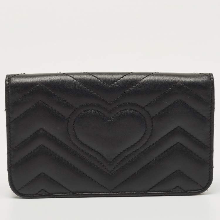 Pre Owned Gucci Black Matelassé Leather GG Marmont Wallet On Chain