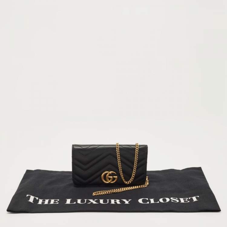 Pre Owned Gucci Black Matelassé Leather GG Marmont Wallet On Chain