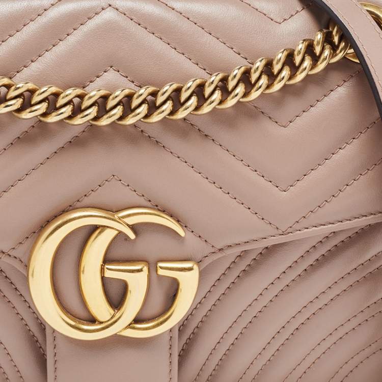 Pre Owned Gucci Dusty Pink Matelassé Leather Small GG Marmont Shoulder Bag
