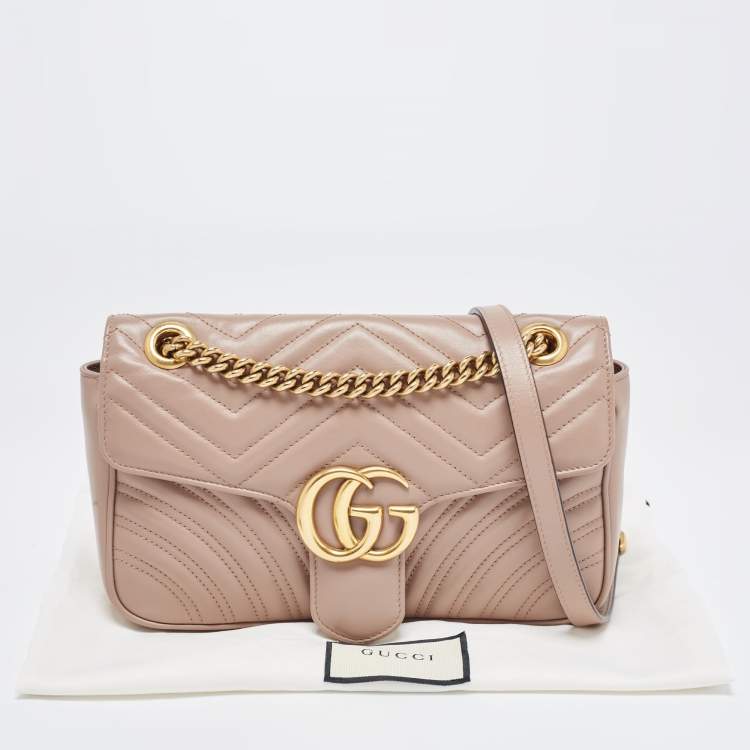 Pre Owned Gucci Dusty Pink Matelassé Leather Small GG Marmont Shoulder Bag