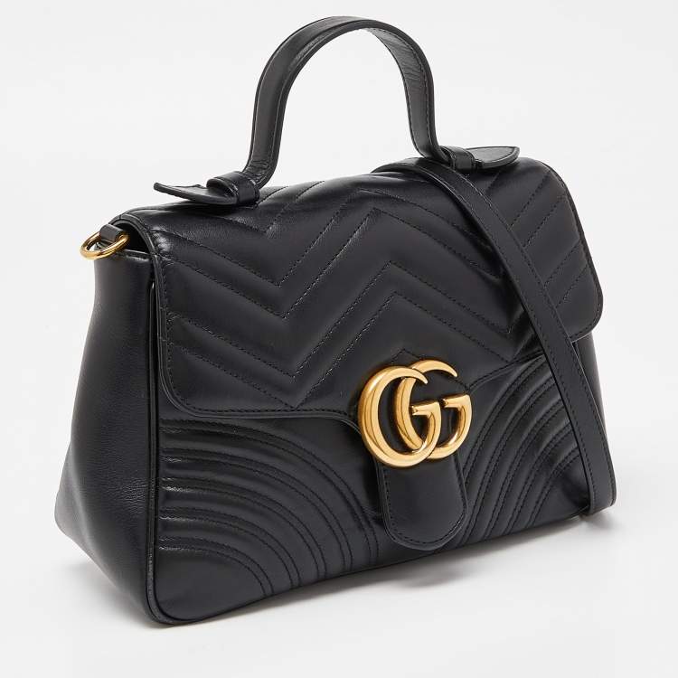 Pre Owned Gucci Black Matelassé Leather Small GG Marmont Top Handle Bag