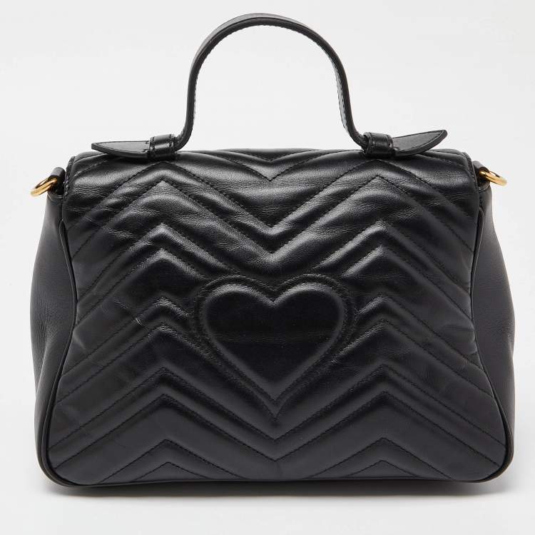 Pre Owned Gucci Black Matelassé Leather Small GG Marmont Top Handle Bag
