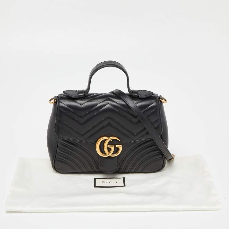 Pre Owned Gucci Black Matelassé Leather Small GG Marmont Top Handle Bag