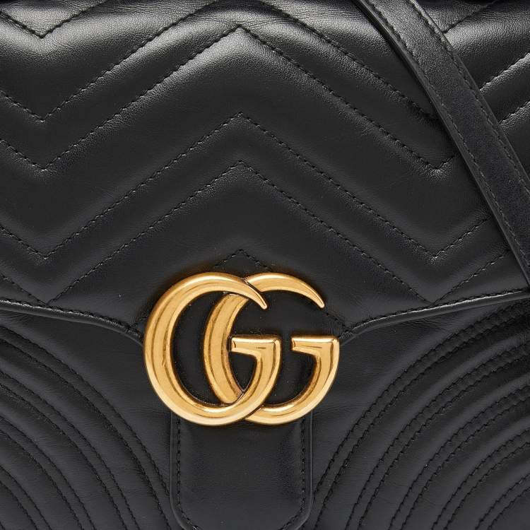 Pre Owned Gucci Black Matelassé Leather Small GG Marmont Top Handle Bag