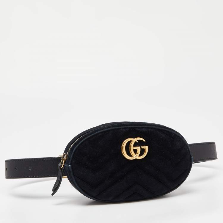 Pre Owned Gucci Black Matelassé Velvet GG Marmont Belt Bag