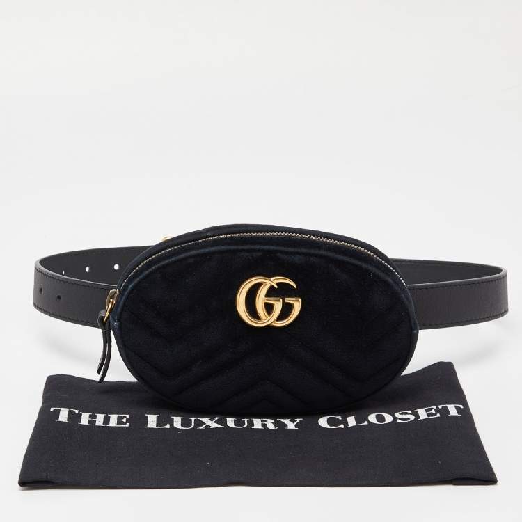 Pre Owned Gucci Black Matelassé Velvet GG Marmont Belt Bag