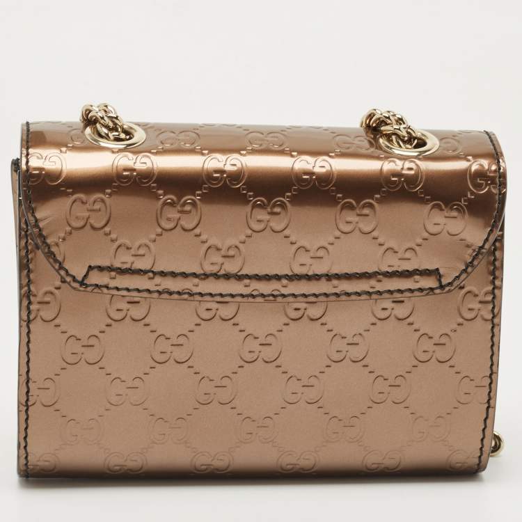 Pre Owned Gucci Bronze Guccissima Patent Leather Mini Emily Chain Shoulder Bag