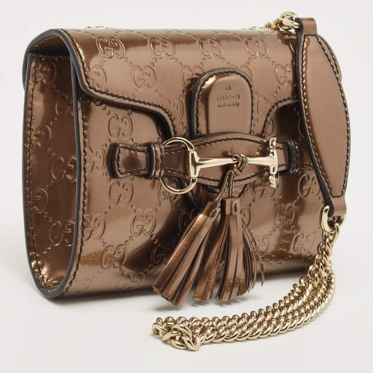 Pre Owned Gucci Bronze Guccissima Patent Leather Mini Emily Chain Shoulder Bag