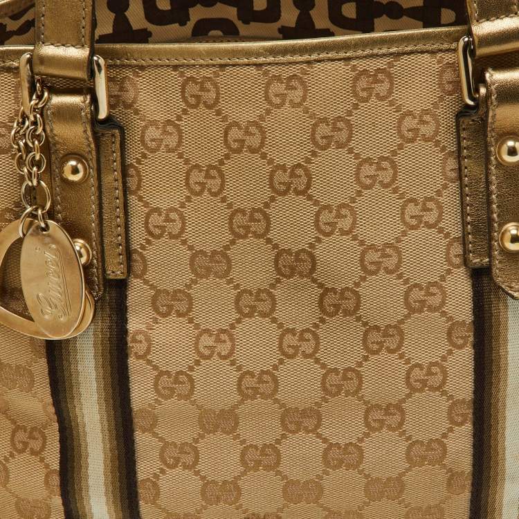 Pre Owned Gucci Gold/Beige GG Canvas and Leather Jolicoeur Tote