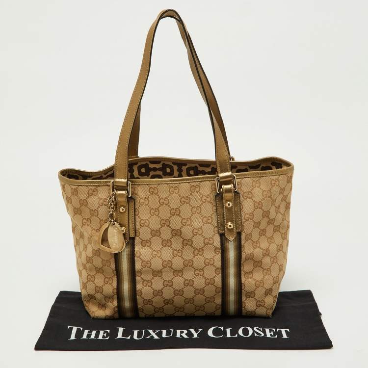 Pre Owned Gucci Gold/Beige GG Canvas and Leather Jolicoeur Tote