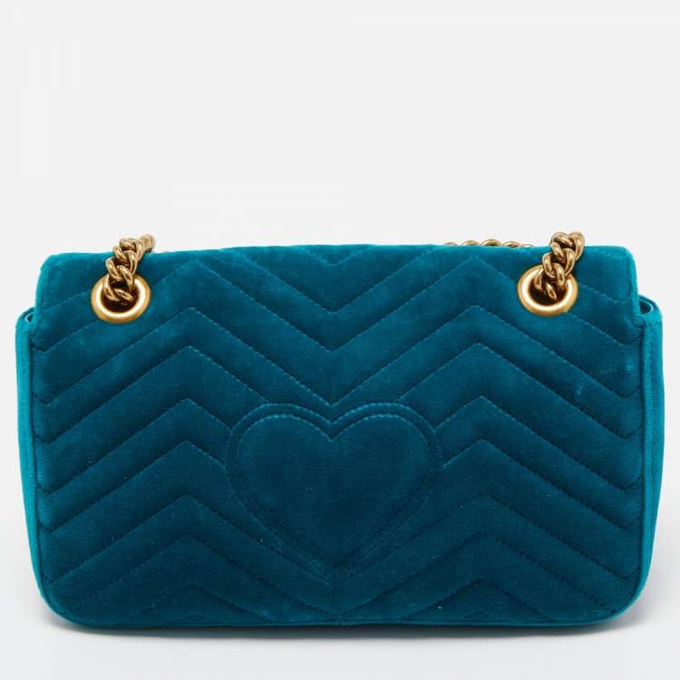 Pre Owned Gucci Green Matelassé Velvet Small GG Marmont Shoulder Bag