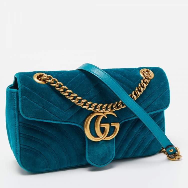 Pre Owned Gucci Green Matelassé Velvet Small GG Marmont Shoulder Bag