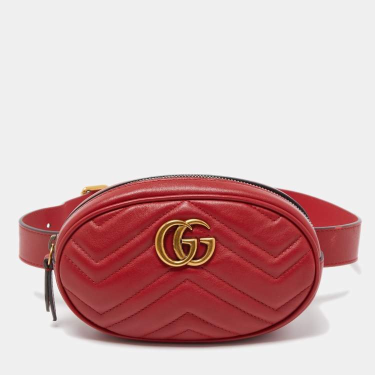 Pre Owned Gucci Red Matelasse Leather GG Marmont Belt Bag