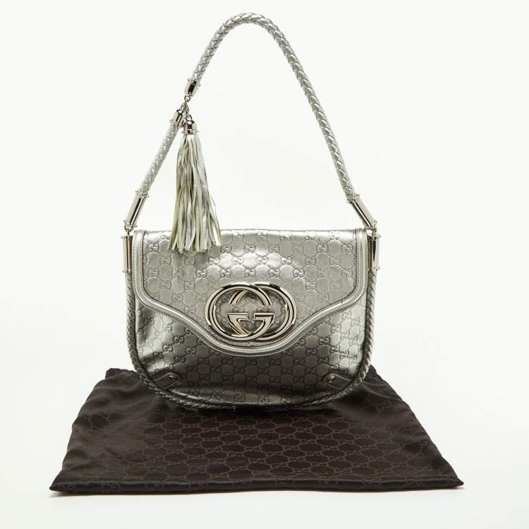 Pre Owned Gucci Silver Guccissima Leather Medium Britt Tassel Hobo
