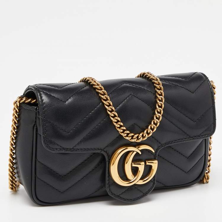 Pre Owned Gucci Black Matelassé Leather Super Mini GG Marmont Shoulder Bag