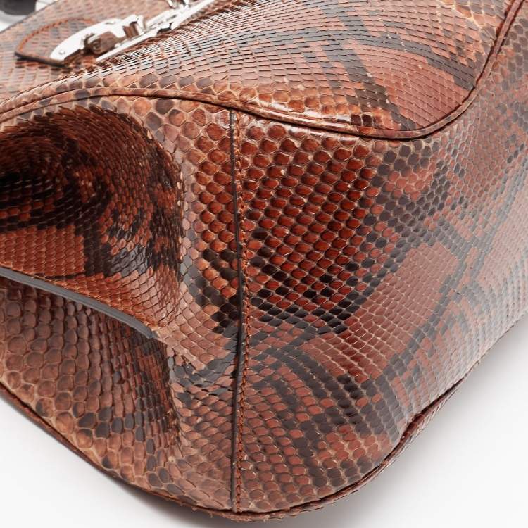 Pre Owned Gucci Brown Python Leather Lady Lock Bamboo Large Top Handle Bag