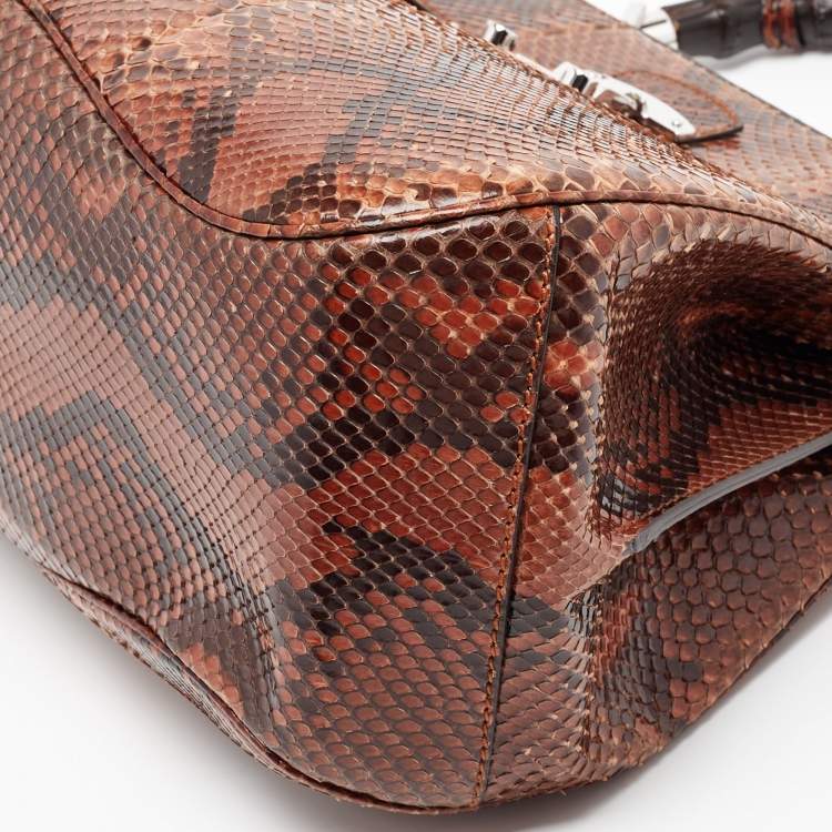 Pre Owned Gucci Brown Python Leather Lady Lock Bamboo Large Top Handle Bag