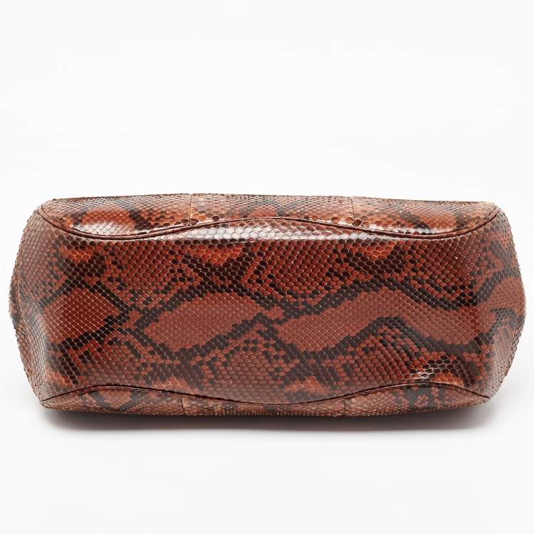 Pre Owned Gucci Brown Python Leather Lady Lock Bamboo Large Top Handle Bag