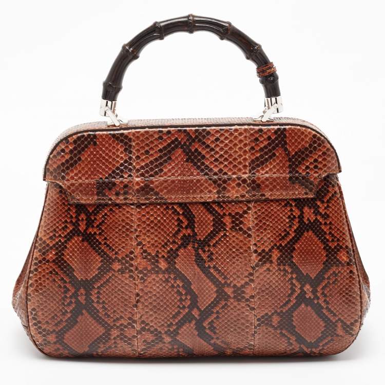 Pre Owned Gucci Brown Python Leather Lady Lock Bamboo Large Top Handle Bag