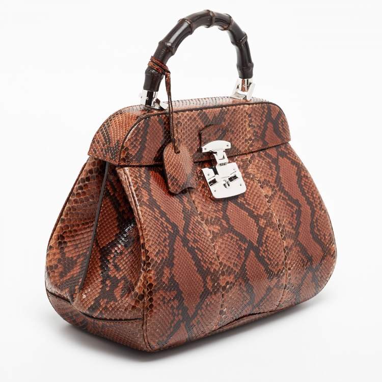 Pre Owned Gucci Brown Python Leather Lady Lock Bamboo Large Top Handle Bag