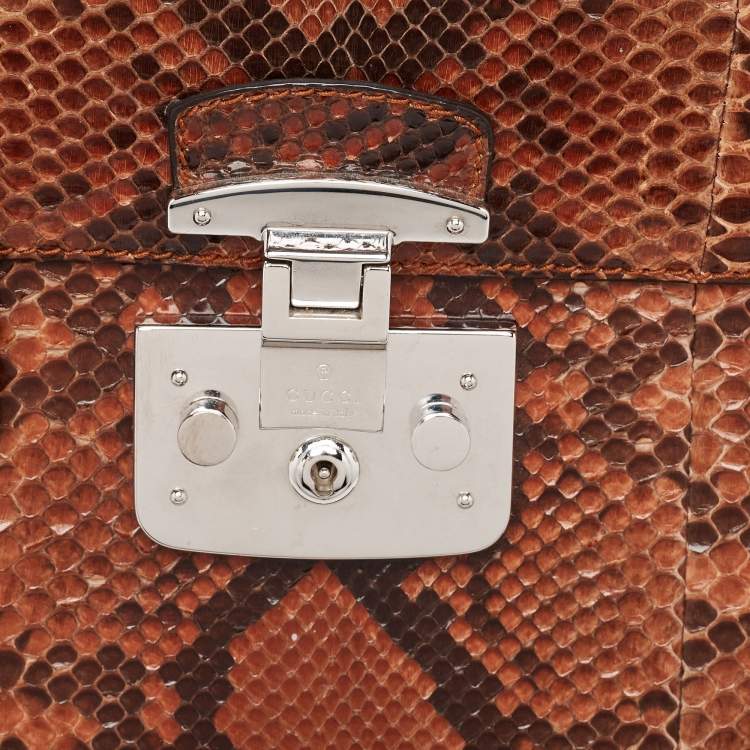 Pre Owned Gucci Brown Python Leather Lady Lock Bamboo Large Top Handle Bag