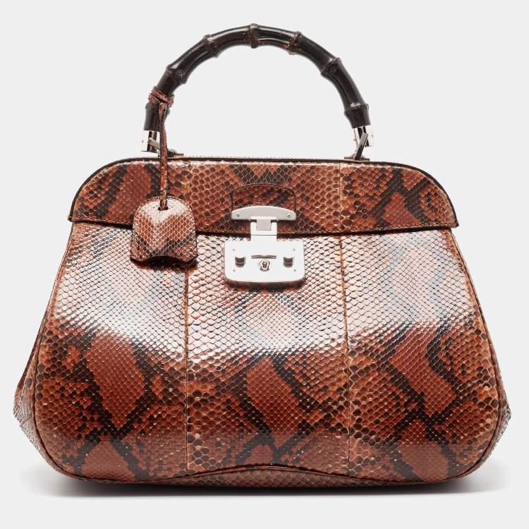 Pre Owned Gucci Brown Python Leather Lady Lock Bamboo Large Top Handle Bag